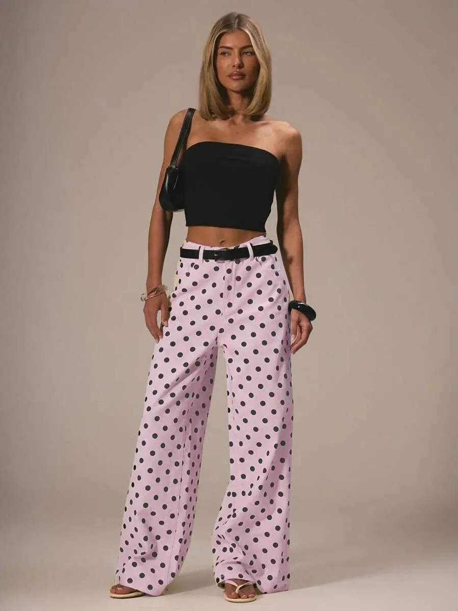 

Loose Polka Dot Women's Jeans Street Sle Casual Long Pants l Waist Denim Fabric Commute Sle Spring Collection