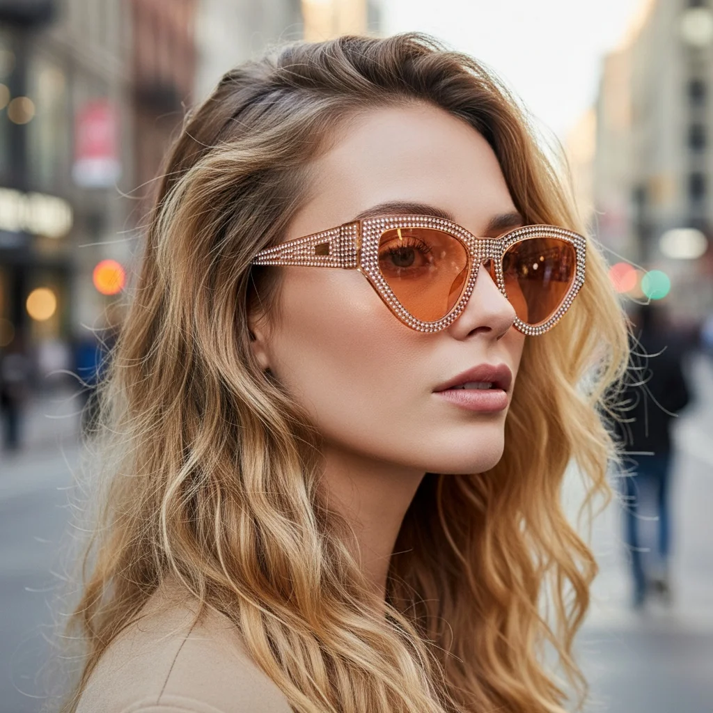 Stilvolle Voll-Diamant Katzenaugen-Sonnenbrille für Damen Unisex Internet-Berühmtheit Streetstyle-Brille 5127 – Detail 1
