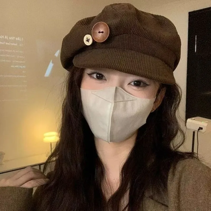 Double Button Decoration Corduroy Beret Caps Windproof Adjustable Octagonal Hat Keep Warm Beret Autumn Winter Sun Cap Outdoor
