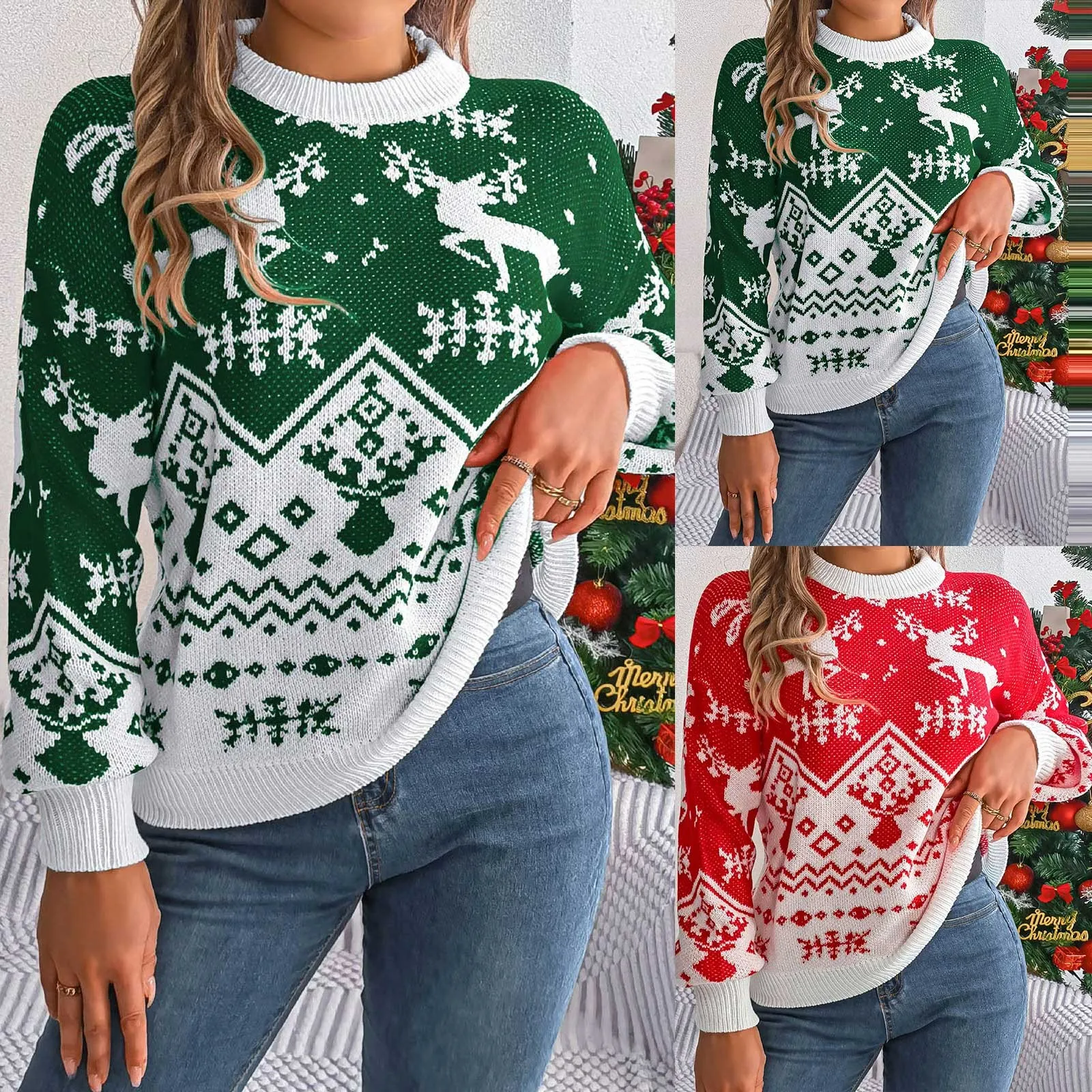 Women Snowflake Reindeer Ugly Christmas Sweater Long Sleeve Knit New Year Eve Xmas Sweaters Pullover Holiday Party Jumper Tops