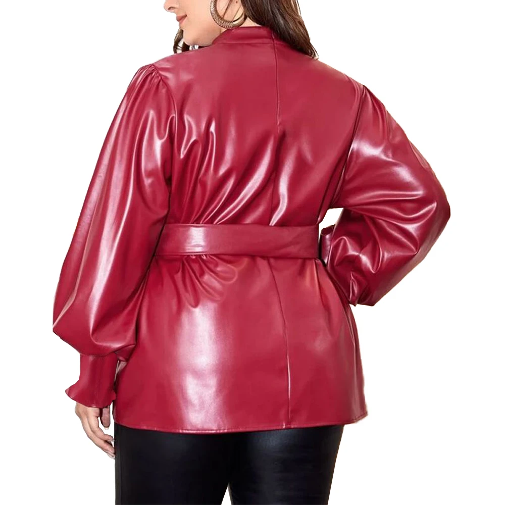 Fashion Long Puff Sleeves Slim Fit PU Blouse with Belt Back Zipper Bodycon Women Tops Vintage Faux Leather Office Ladies Tops