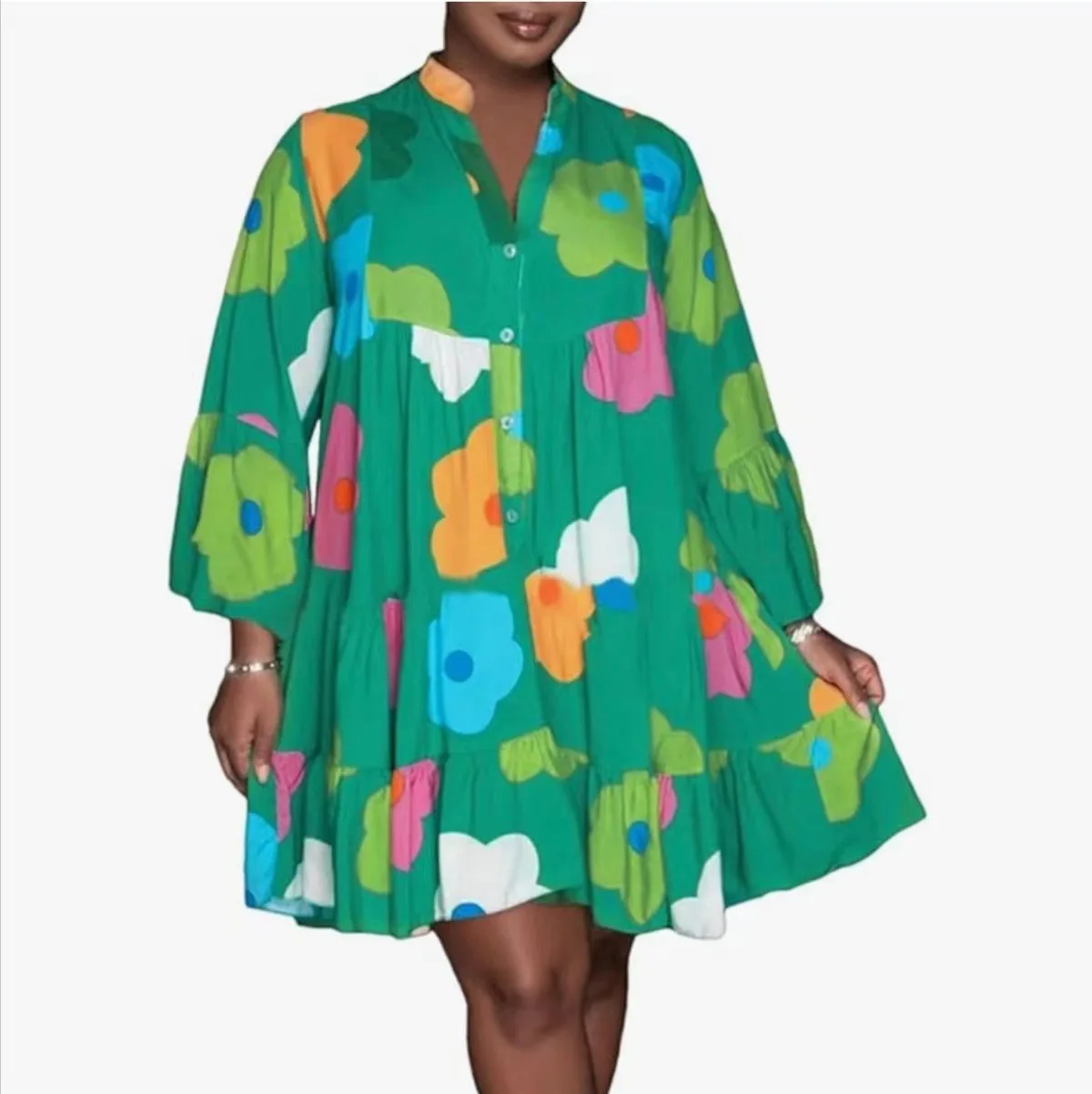 

Casual Loose Print Shirt Dress Women Fashion V-neck Flared Sleeves Dresses For Women 2025 Boho Ruffles Patchwork Dress Ladies