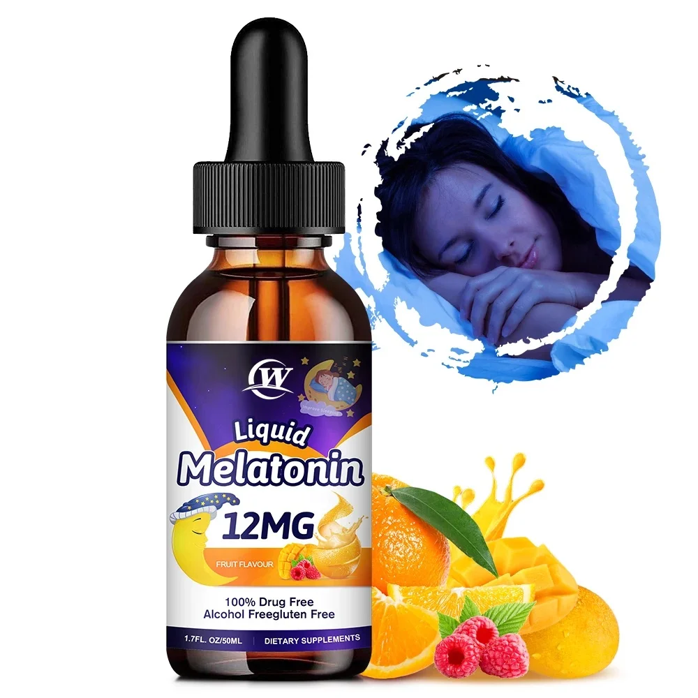 Gotas de melatonina de 12 mg que apoyan el sueño más tiempo: vegano, sin gluten, mejoran el sueño, apoyan el sueño durante toda la noche, aliviar el estrés