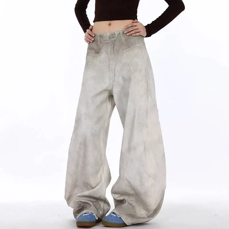 American Men Curved-knife Jeans Washed White Tie-Dyed Deconstructed New Loose Wide Leg Denim Pants Trend Women Baggy 9WVT3D - view 2