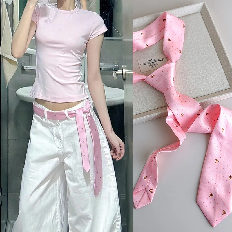 Sweet Pink Puppy Striped Tie Belt Elegant Niche for Women, Vintage Bohemian Silk Scarf Wrap, Neck Head Daily Travel Gift Trendy