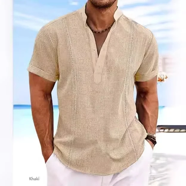 

2025 Hot Selling Men's Short Sleeve Henry Collar Btton Pullover T-shirts Casual Trendy Slim Solid Color T-shirts Undershirt Male