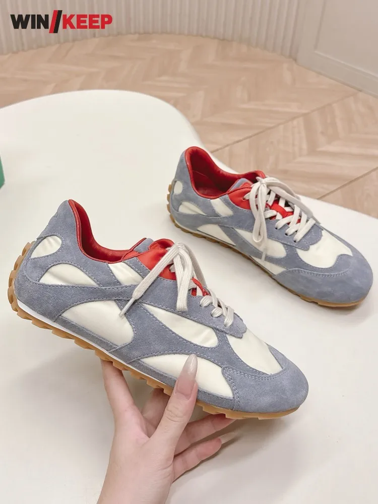 

Fashion Men Women Comfortable Sports Running Trainers Lace Up Patchwork Cow Suede Leather Flat Bottom Sneakers Skateboard Shoes