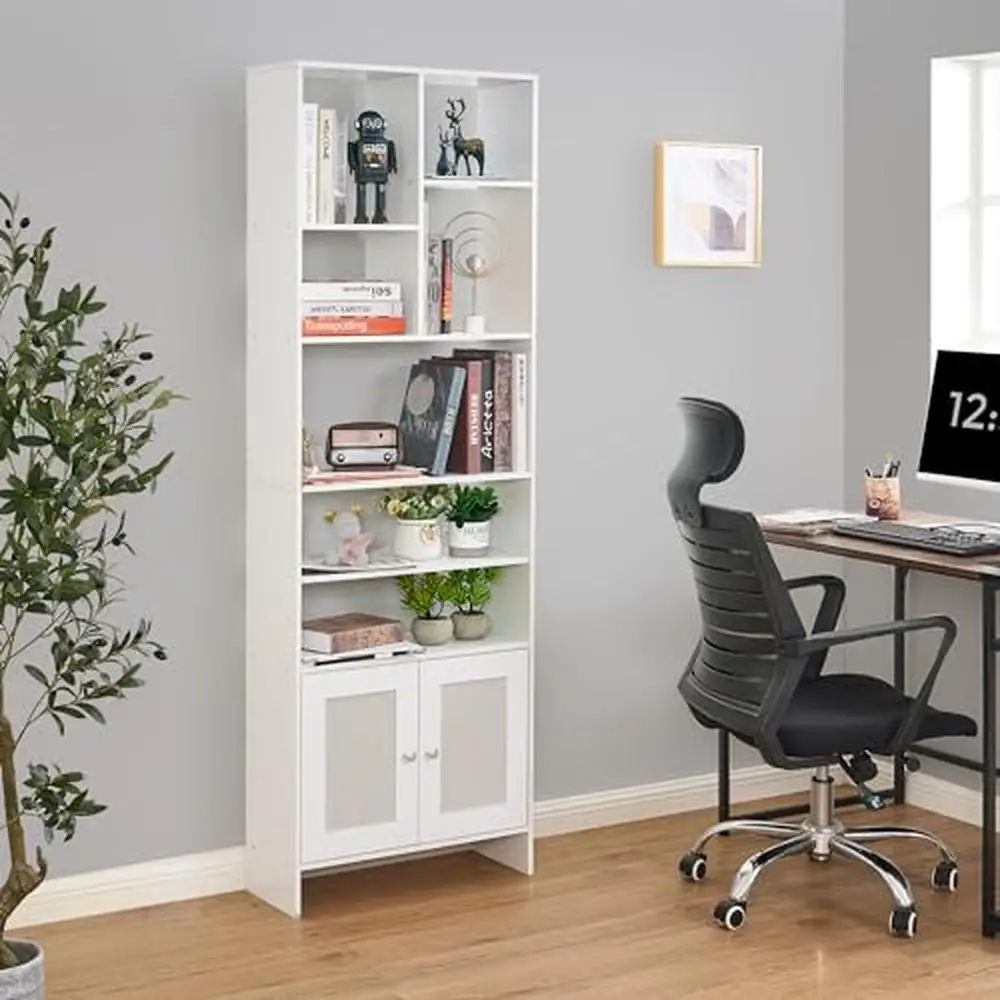 Libreria bianca a 6 livelli con armadietto espositore moderno soggiorno e Home Office libreria alta con ante durevole ed elegante