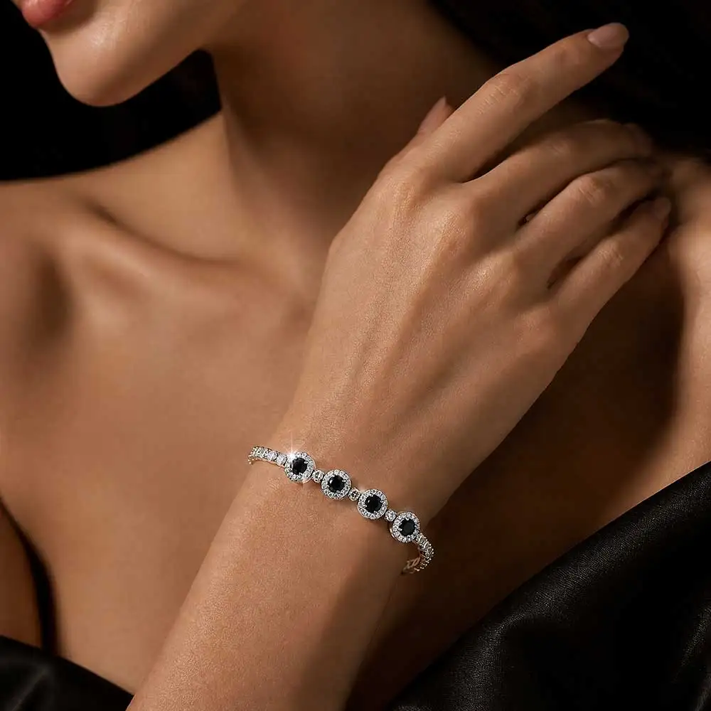 Nuoya CZ Stainless Steel Iced Out Tennis Bracelet Women Luxury Sapphire/Black/Red Color Crystal Bracelet Fine Jewelry Gift