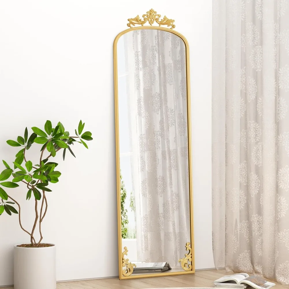 Vloerlengte gebogen spiegel met gesneden metalen frame, 65 x 21 goud, full body home decor spiegel voor bruiloften en evenementen