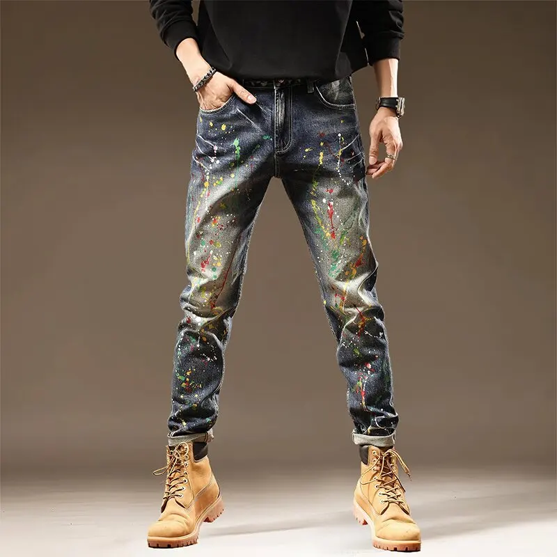 2024 Spring and Autumn New Fashion Trend Vintage Printed Straight Leg Jeans Men's Casual Relaxed Comfortable Stretch Pants 28-36