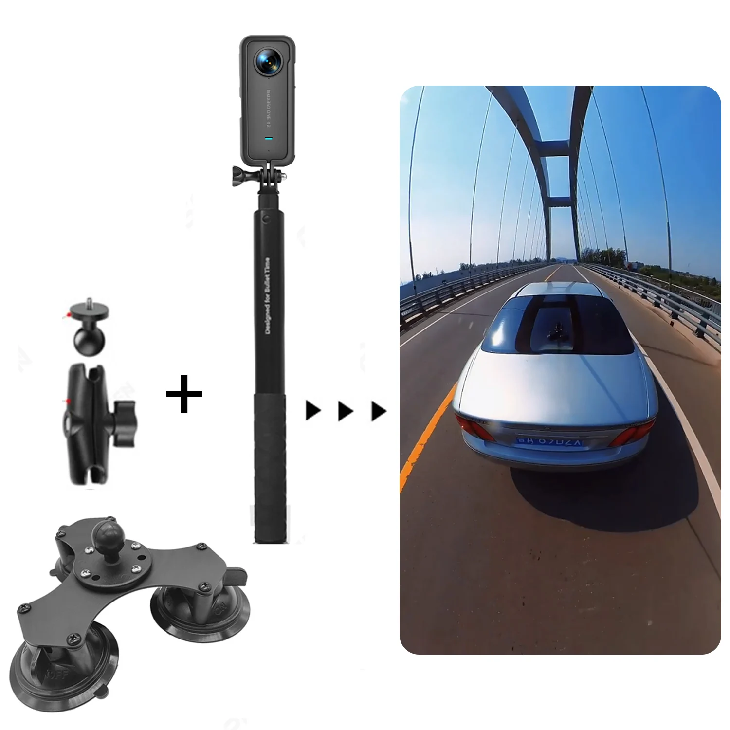 1 inch Ball Head Dual Flat Car Suction Cup Holder with Invisible Selfie Stick for Insta360 X4 One Rs One X3 GoPro Max Accessory