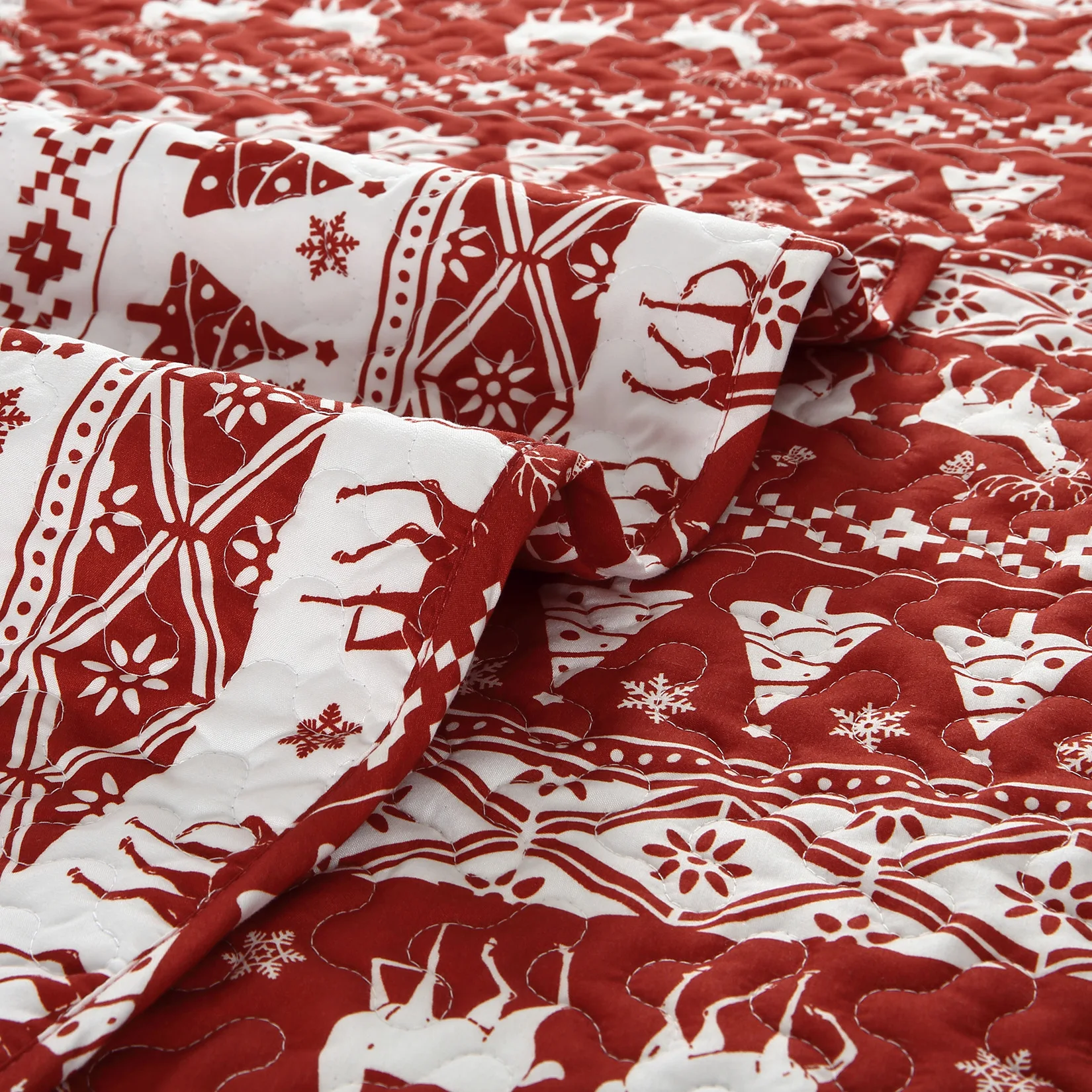 Christmas Quilt Set Queen Size - Boho Bedspread Coverlet Sets with Christmas Tree Reindeer Snowflakes Reversible Pattern