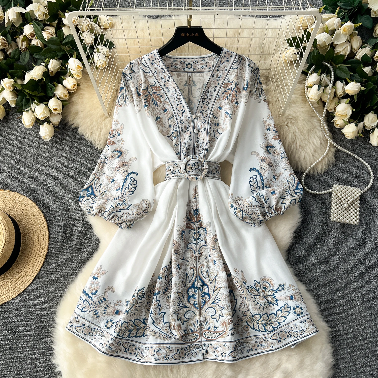 

Vintage Print Elegant Puff Sleeve A-line Vneck Mini Dress korean fashion Casual Women Fashion Summer Spring sashes dresses