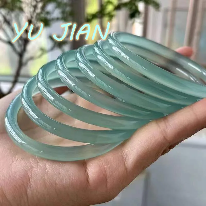 Latest Ice Seed Blue Water Natural Chalcedony Agate Bangle Round Bar Exquisite Elegant Jade Bracelet Quality Handring Jewelry