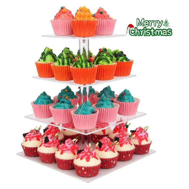 4 Tier Acrylic Cupcake Stand,Square Cupcake Display Stand For Birthday, Baby Shower, Tea Party And Wedding Decor Durable