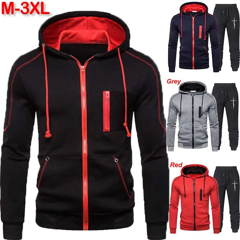 

Sports jacket and pants men's warm sports suit solid color printed casual clothing jogging fitness sportswear training set