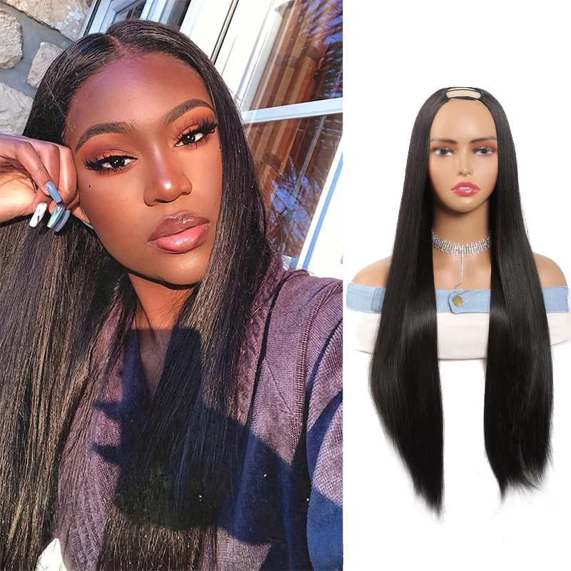 Elegant long straight U-shaped Yaki wig comfortable and heat-resistant rose mesh cap naturally suitable for women's daily wigs