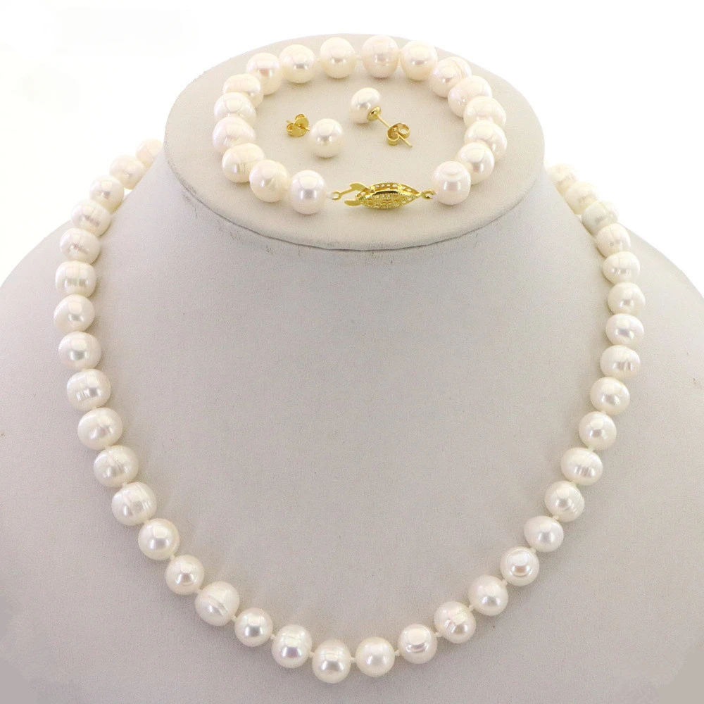 Natural Pearl Jewelry Set for Women 9-10mm White Freshwater Pearl Necklace Bracelet Earring Birthday Gift Bride Accesories