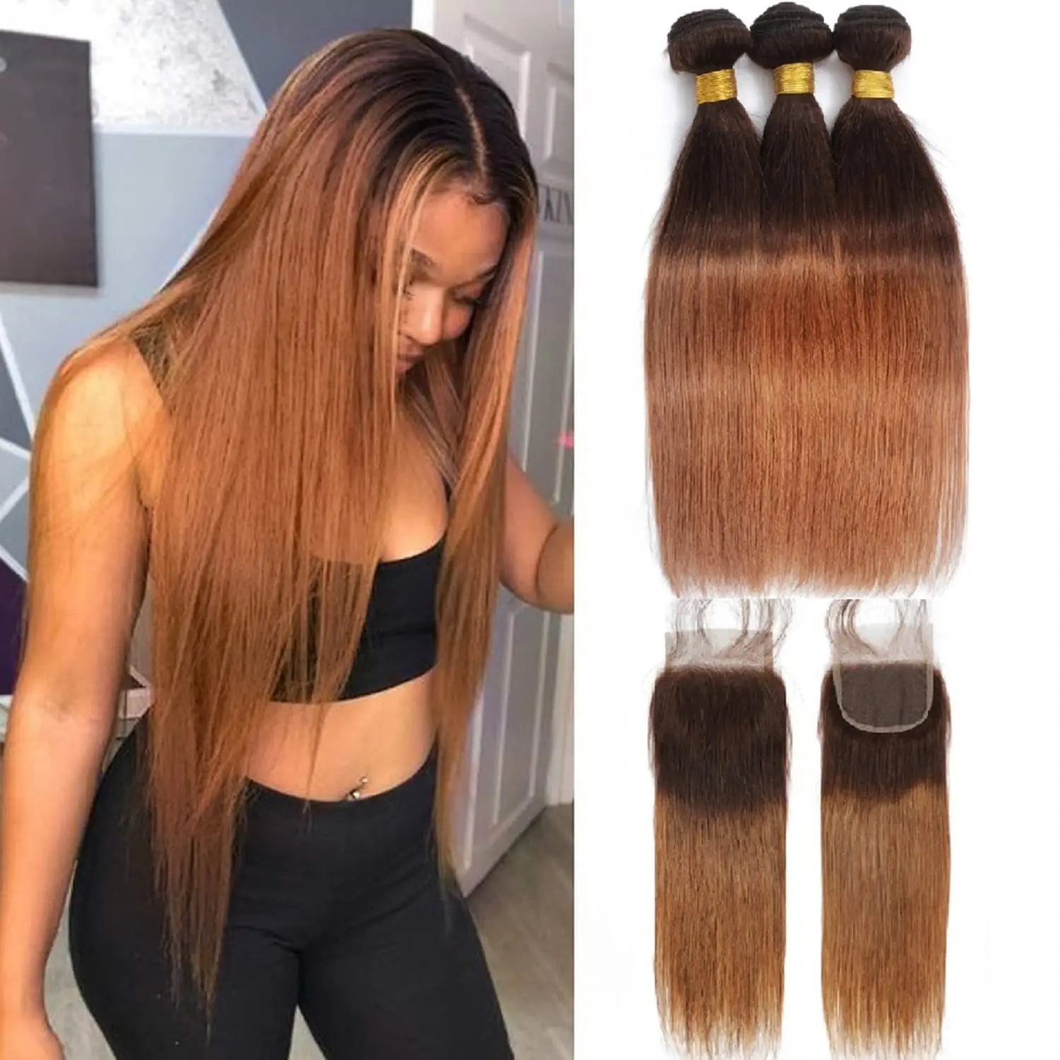

12A Brazilian Ombre Straight Human Hair Bundles with 4x4 Lace Closure 2 Tone T4/30 Dark Brown to Brown 100% Virgin Remy Hair