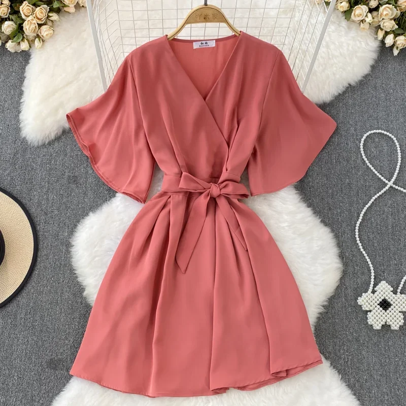 OCEANLOVE Vestidos Para Mujer Flare Sleeve Bow Bandage Solid V Neck Sexy Women Dresses Korean Fashion Summer Dress Elegant