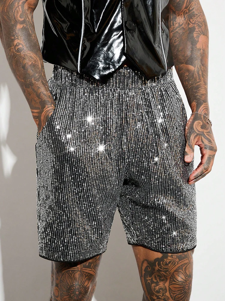 2025 Spring Summer New Casual Shorts Mens Vintage Solid Color Sequin Glitter Shorts Streetwear Men Trendy Loose Straight Shorts