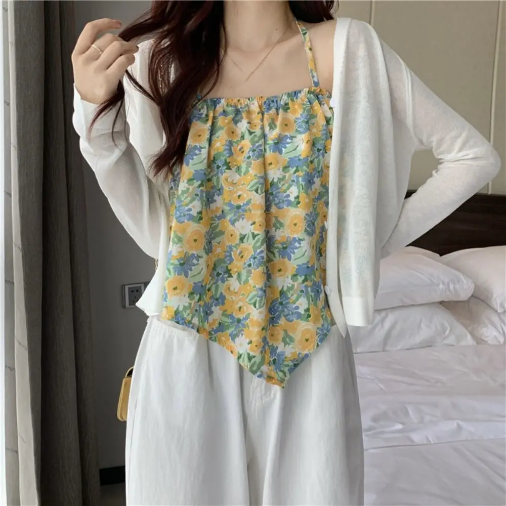 

Fashion Sleeveless Sweet Flower Halter Vest Thin Camisole Floral Crop Tops Loose Spicy Girl Tops Streatwear