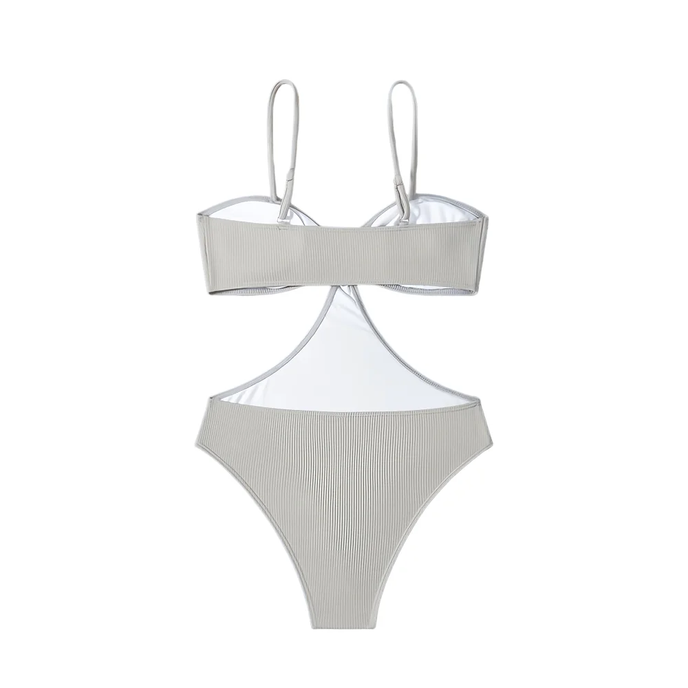 بدلة سباحة مثيرة قطعة واحدة عالية الساق، تصميم مضلع باللون الرمادي الفاتح مع لهجة ذهبية، ملابس شاطئ نسائية للتخسيس #4