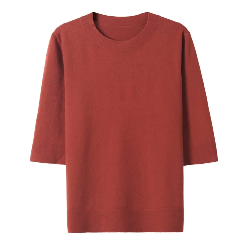 Women's Western Style Loose Slimming Three-Quarter Sleeve Sweater round Neck Half Sleeve Top Early Spring Undershirt