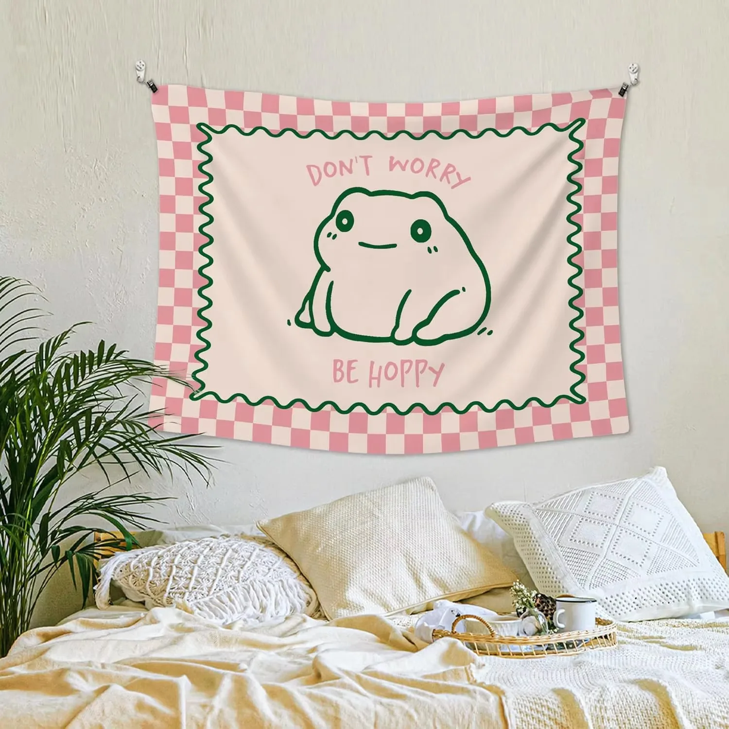 Pink Checkered Funny Frog Tapestry, Don't Worry Be Hoppy Cute Wall Hanging for Bedroom Living Room Dorm Classroom Decor Gift