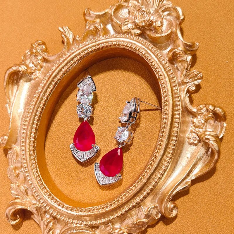 Charmoso aaa zircônia cor vermelha borla camisola corrente colar brincos para festa de casamento feminino vestido de noite conjuntos de jóias