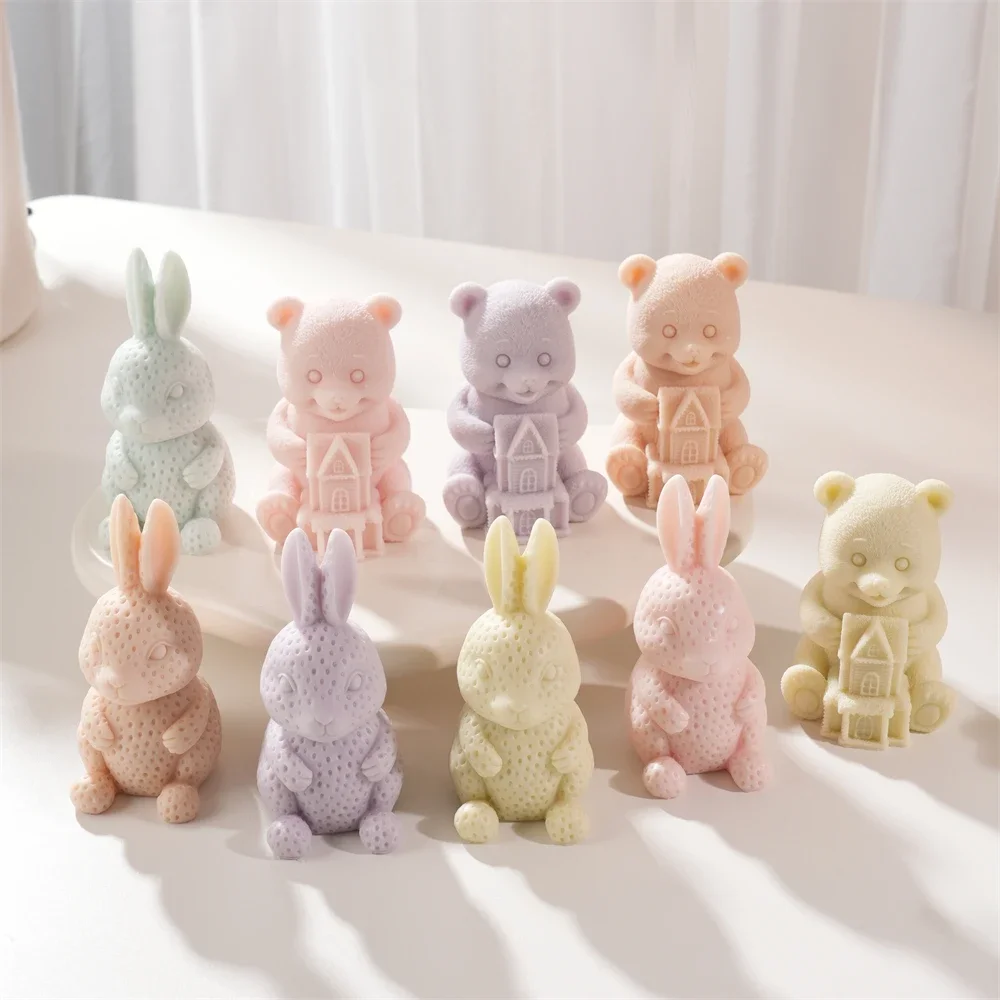 Bear Hold House Silicone Soy Wax Mould Strawberry Bunny Candle Silicone Mold DIY Home Decoration Rabbit Candle Mold - Image 3