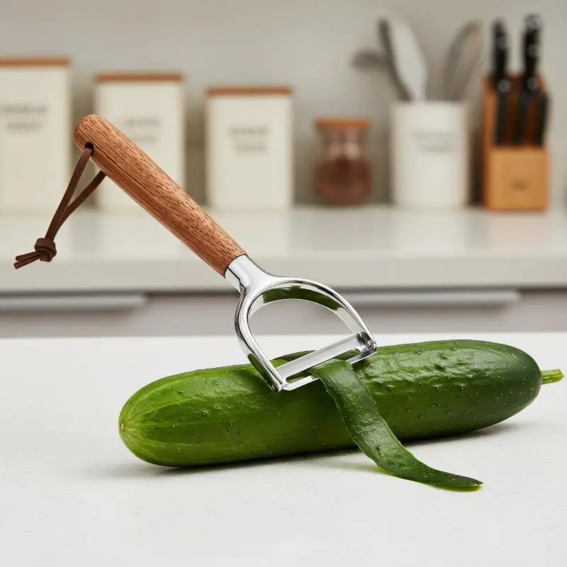 Stainless Steel Acacia Wood Peeler Potato Fruit Scraper Peeling Melon Planer