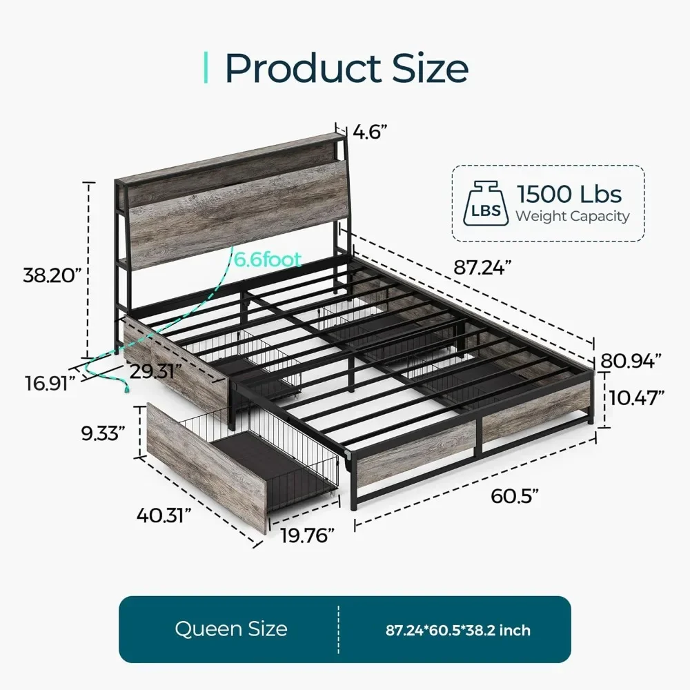 Bed Frame with 4 Drawers & Headboard, Bed Frame with RGB Lights & Fast Charger, Fast Assembly Bed Frame