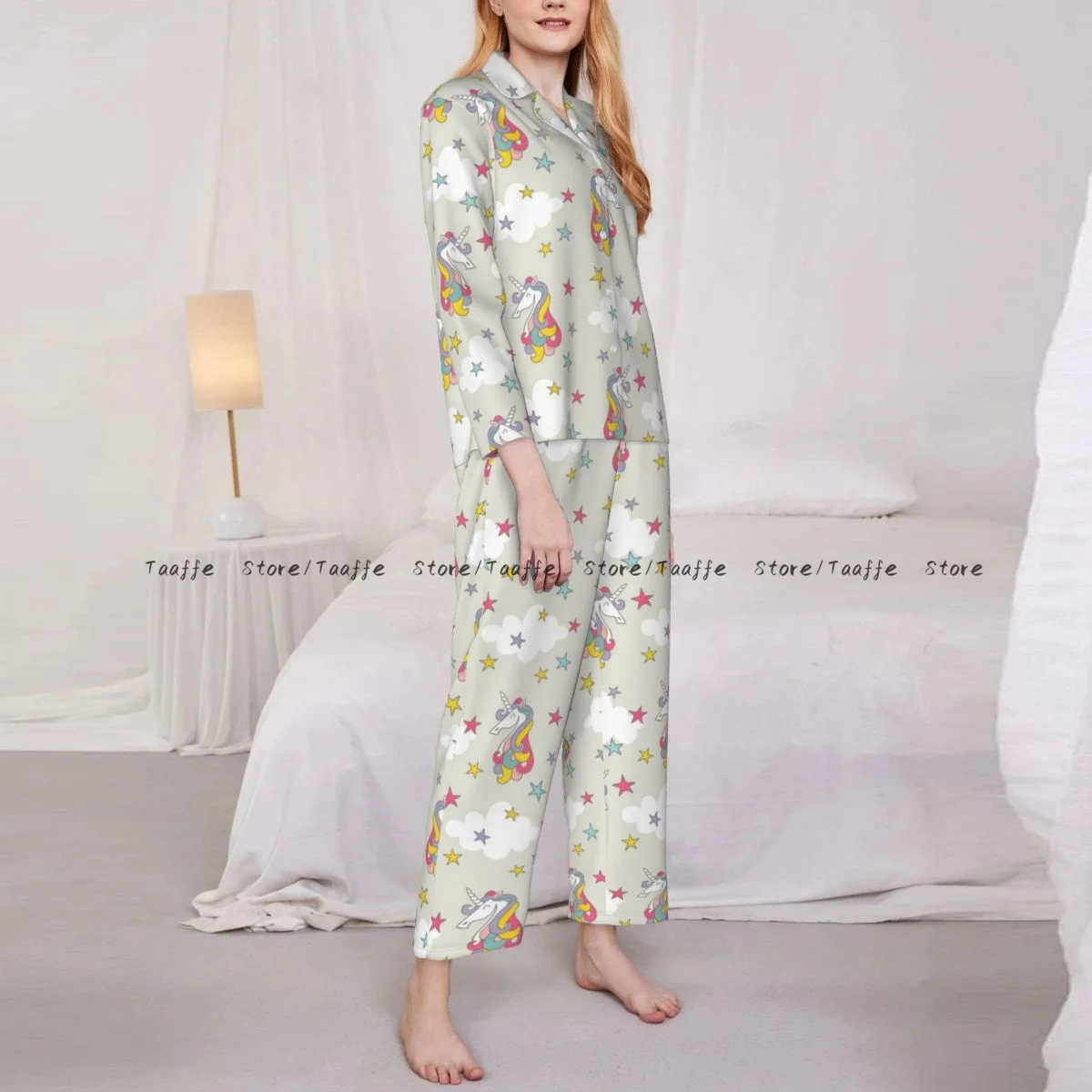 Women Sleepwear Loungewear Colored Unicorn With Stars Pattern Long Sleeve Lapel Neck Shirt and Elastic Waist Pants Pajamas Set