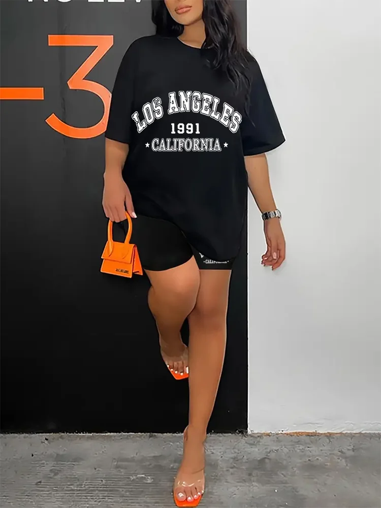 Los Angeles print paired with a two-piece set, casual short sleeved T-shirt and drawstring shorts set, women\'s clothing