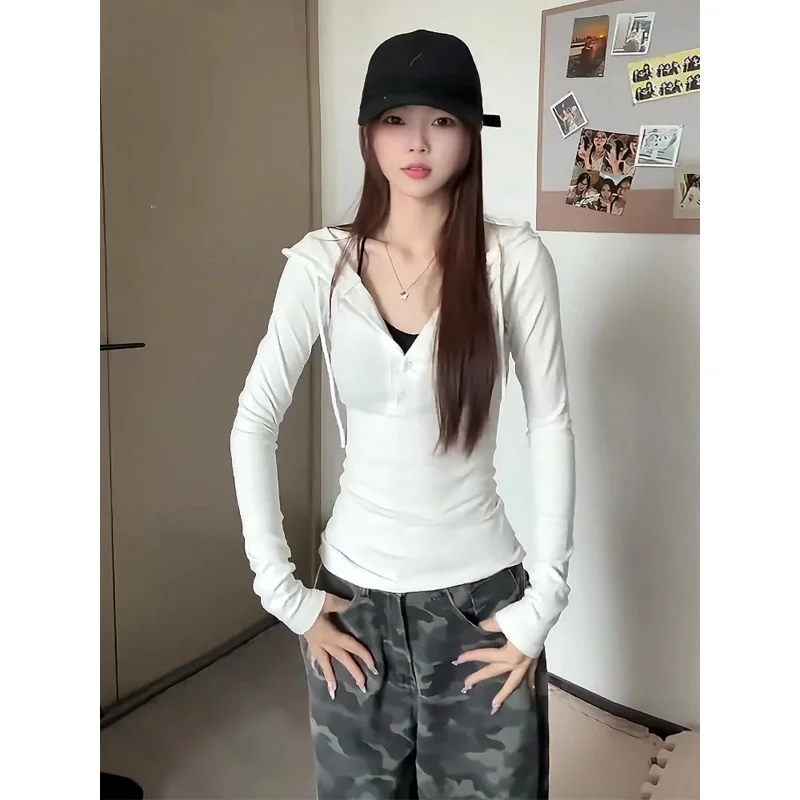 ربيع 2025 المرأة سليم صالح طويل Sve تي شيرت ter Ne زر التفاصيل هوديي رداء علوي أبيض غير رسمي الكورية Sle الشارع الشهير