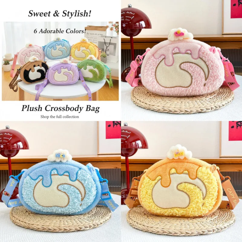 

Women's Handbags Cake Swiss Roll Plush Crossbody Bag Girls Kawaii Cartoon Dessert Cute Mini Coin Purse Soft Gifts Backpacks New