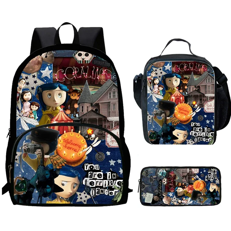 3Pc Set Co-ra-line Printed Cartoon School Bags Child Backpack with Lunch Bag Pencil Case,Kids Book Bags for Pupil Students