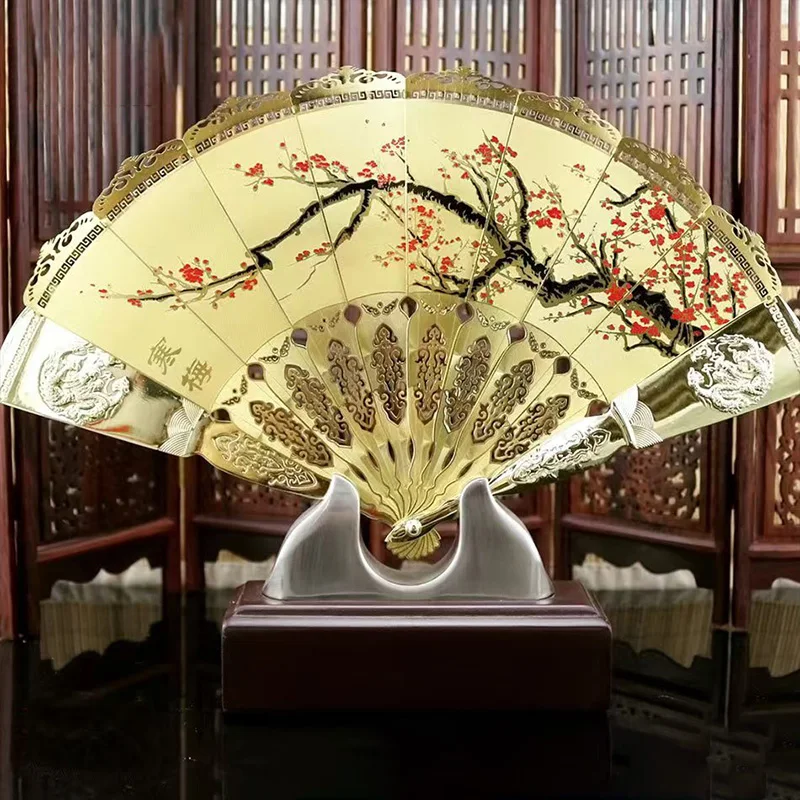 

HOT SALE foreign business gift with box plum blossom flower CHINA ART gilding fan copper statue Ornament--Collector Edition