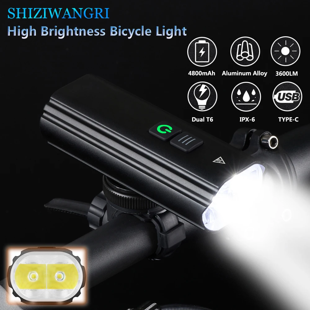 SHIZIWANGRI 3600LM Bicycle Light MTB Front Lamp USB Rechargeable 2LED 4800mAh With Dual Brackets Bike Light Waterproof Headlight