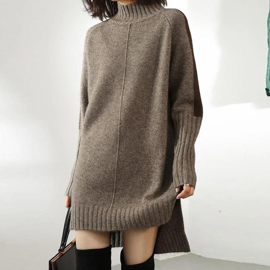 Turtleneck Knitted Sweater Women Pullovers Dress Autumn Winter Warm Thick Jumpers Wool Knit Crochet Y2k Split Jumper Cardigan