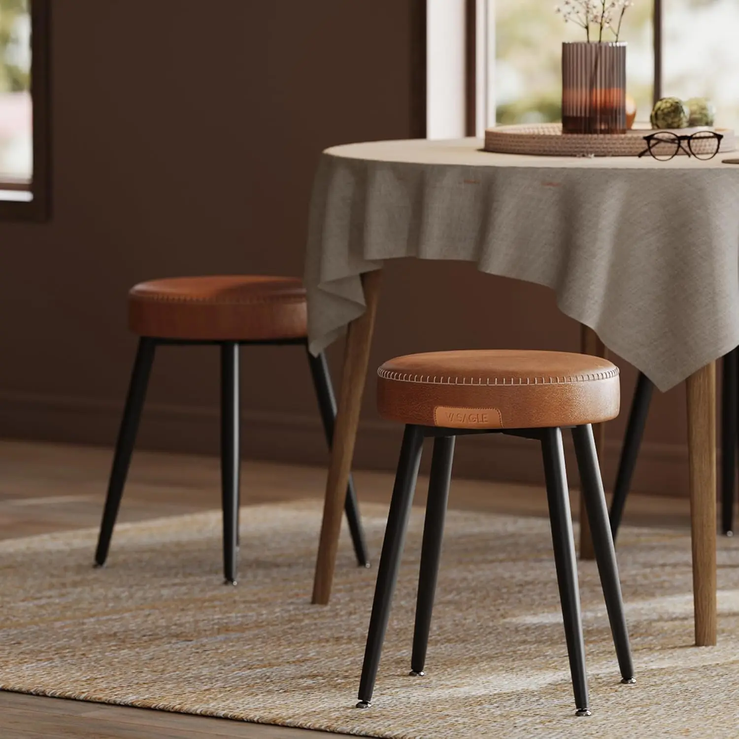 

Set of 2 Mid-Century Modern Dining Chairs, Upholstered Kitchen Stools with Synthetic Leather, Easy Assembly, Caramel Brown