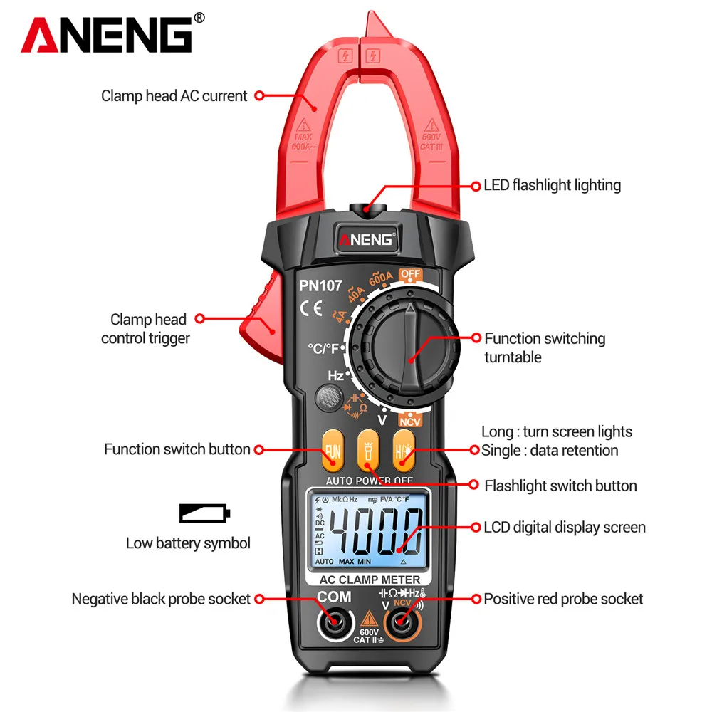 ANENG PN107 cyfrowy miernik cęgowy AC/DC napięcie test temperatury Multitester True RMS 4000 Count multimetr elektryczny narzędzie testowe