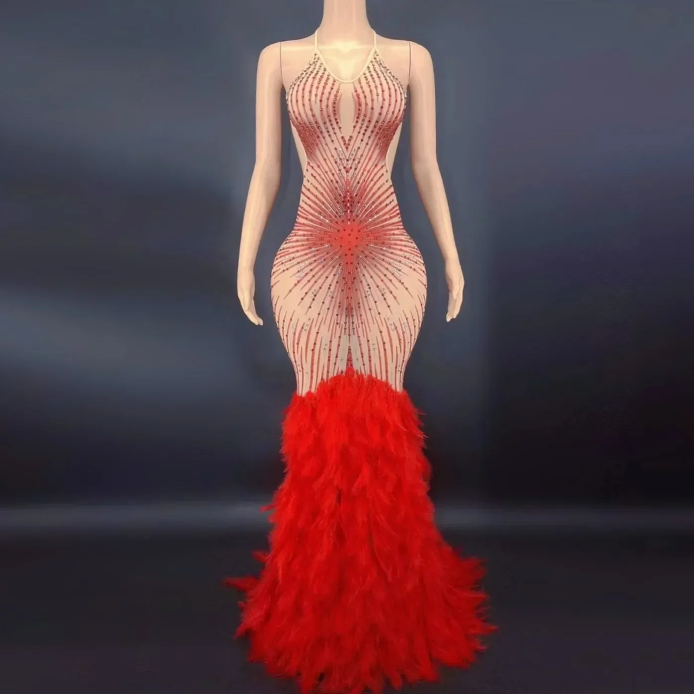 Multi Color Shining Diamonds Gorgeous Feathers Sexy Backless Halter Mermaid Floor Length Evening Dress Singer Stage Show Vestido