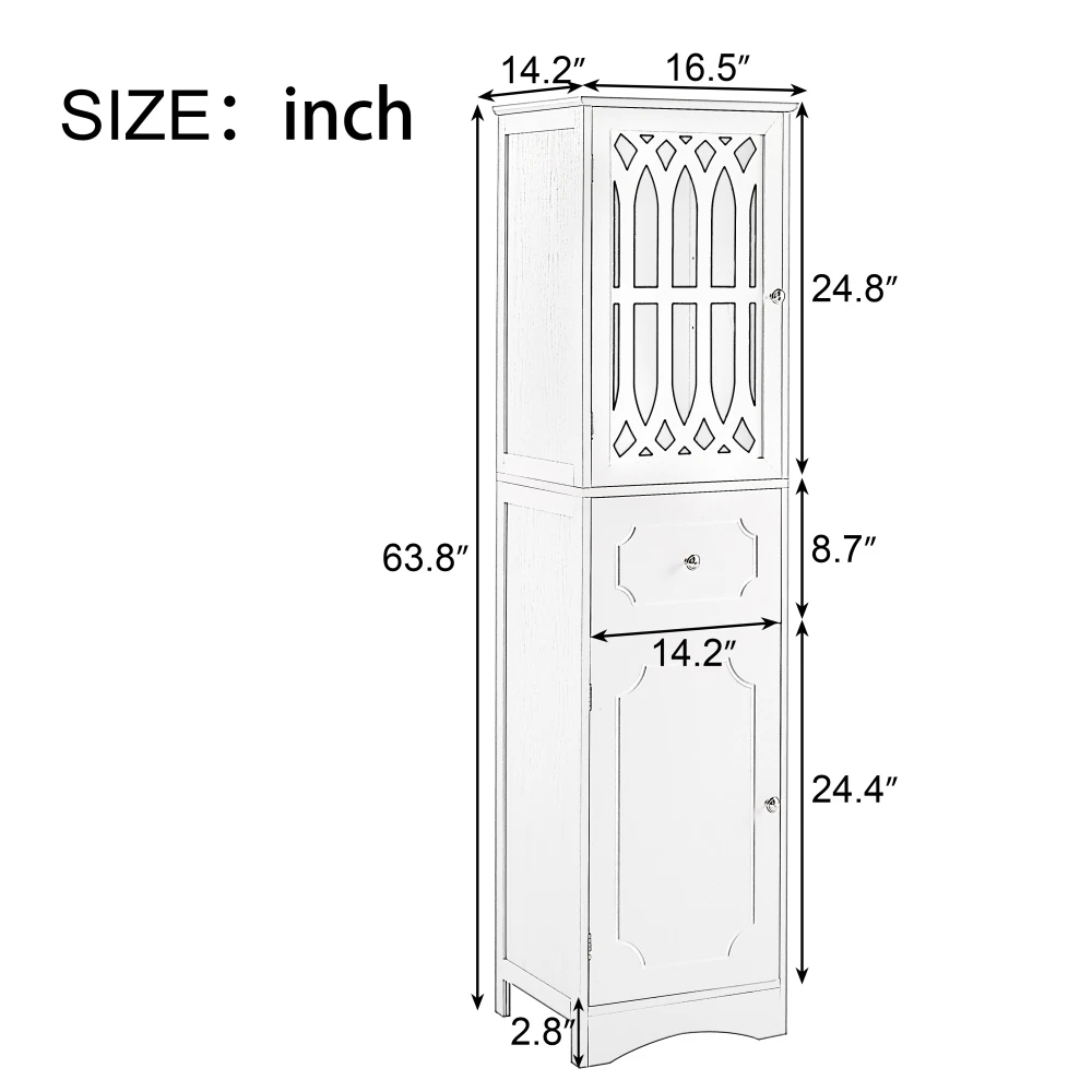 Conjuntos de muebles de baño Mueble de baño alto, mueble de almacenamiento con cajón y puertas, tablero de MDF, puerta acrílica, estante ajustable