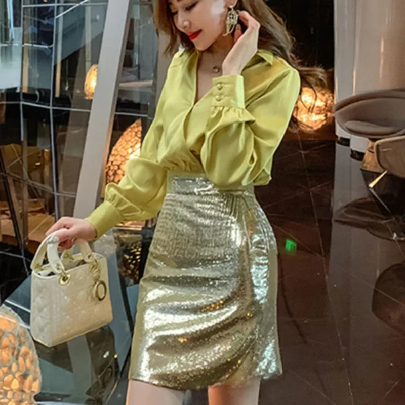 Female Outfits Party Long Sleeve Skirt Sequin Sexy Women\'s Two Piece Set Co Ord Full Festival Top and Bottom New in The Same