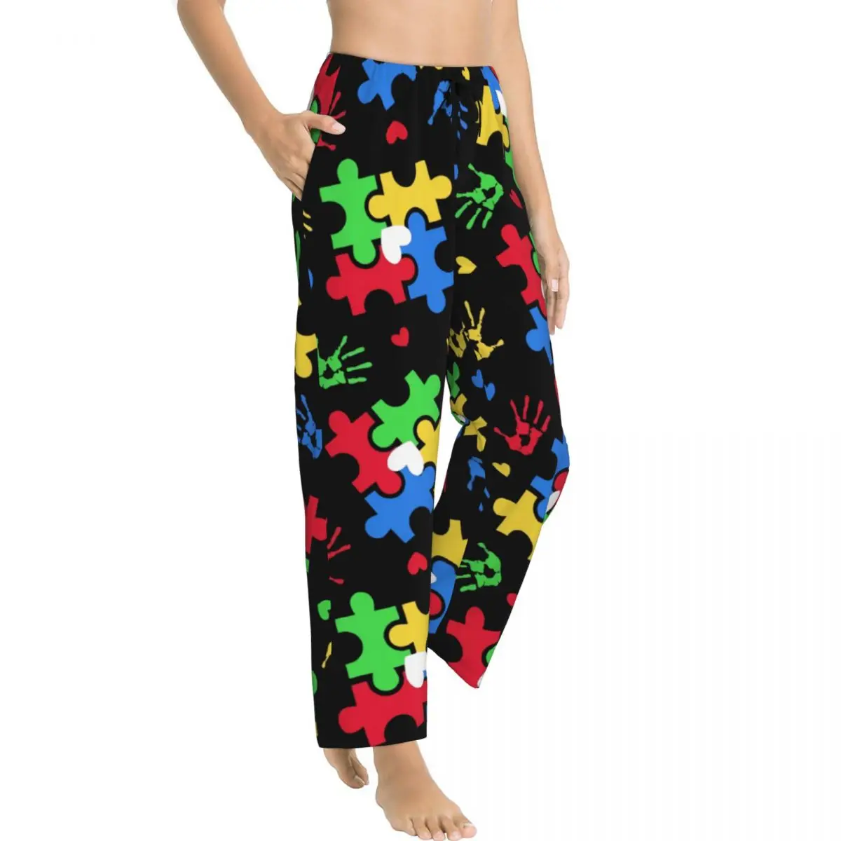 Custom Colorful Puzzle Autism Awareness Pajama Pants for Women Sleepwear Lounge Sleep Bottoms Stretch with Pockets