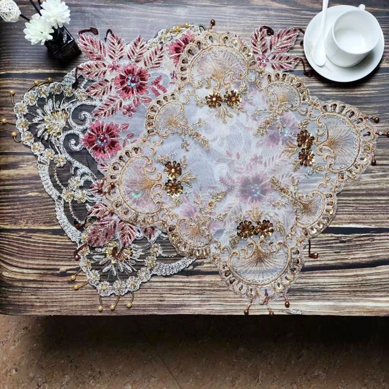 Luxury Embroidery Hand Beading Pendant Square Table Mat Living Room Desk Wall Cabinet Dust Cover Christmas Wedding Decoration