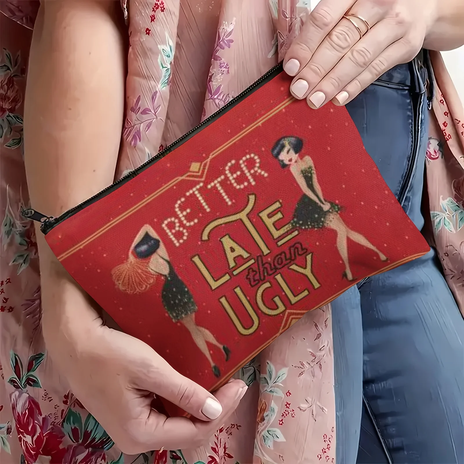 حقيبة مكياج أفضل أواخر من Ugly" - أحمر مع لمعان ذهبي، سحاب للإغلاق، هدية عيد مثالية لصديقتك والزوجة